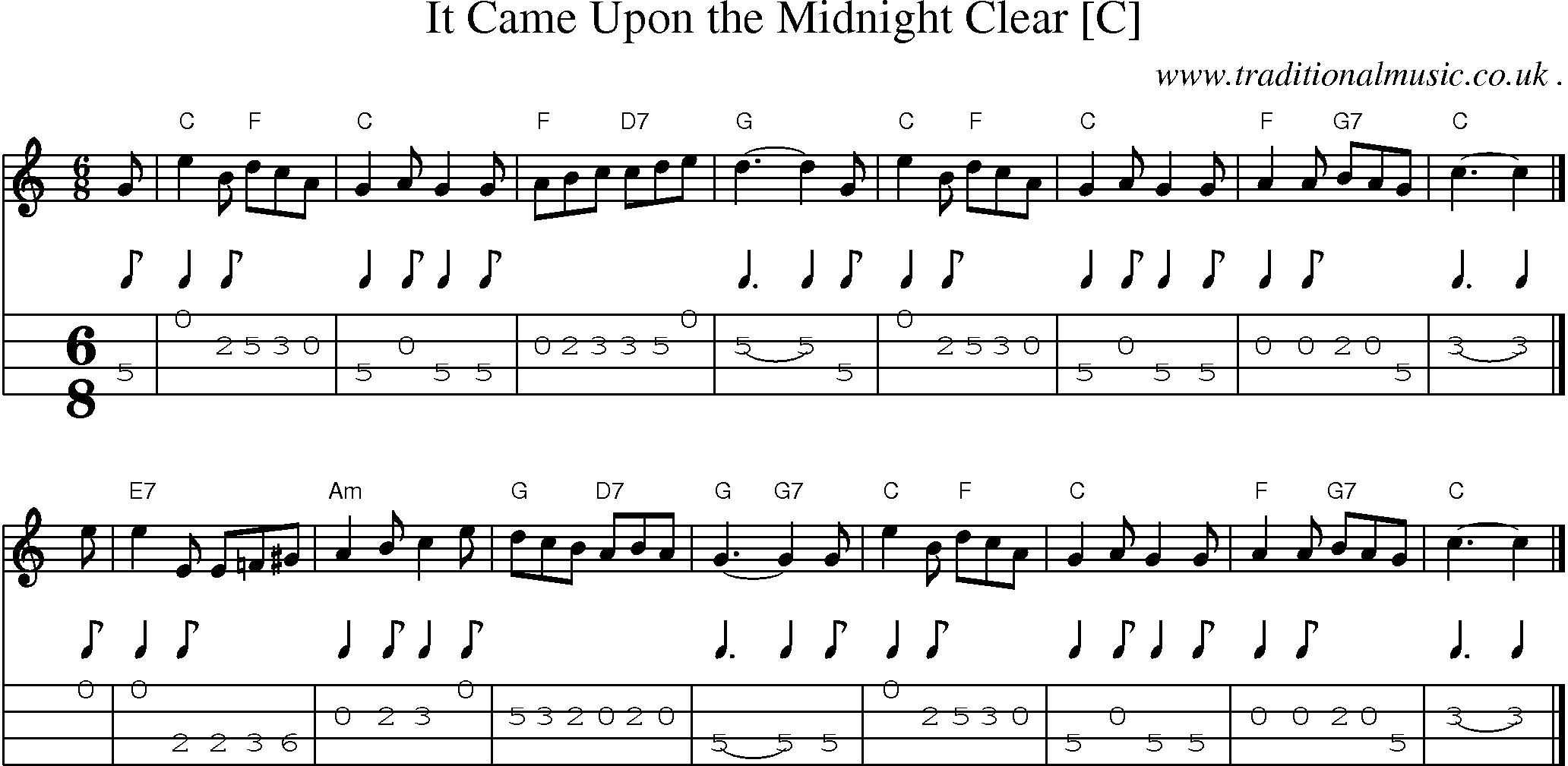 Sheet-music  score, Chords and Mandolin Tabs for It Came Upon The Midnight Clear [c]